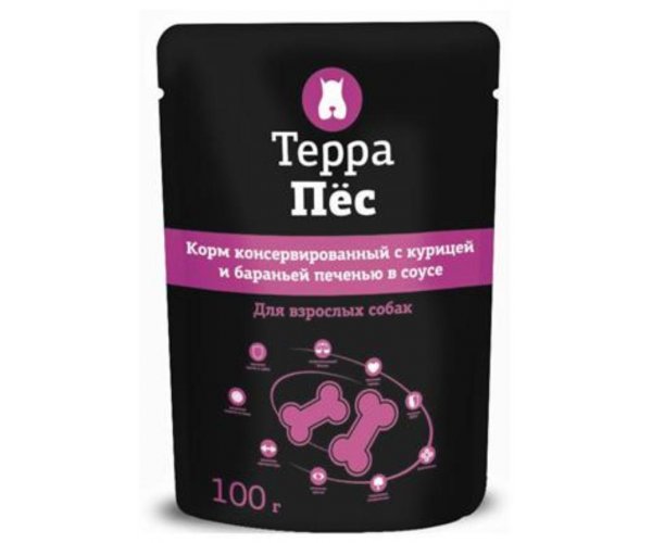 Консервы для собак Паучи "Терра Пес" для собак, курица и баранья печень в соусе