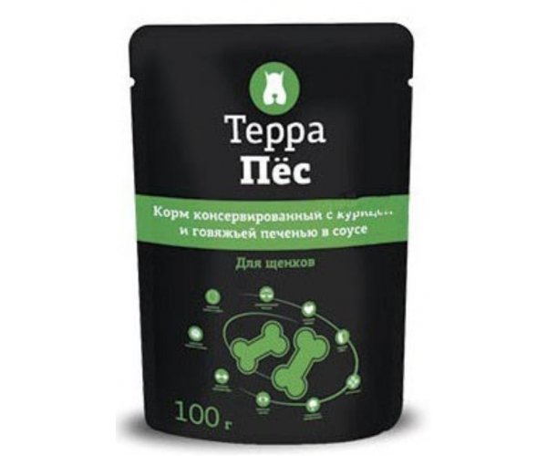Консервы для собак Паучи "Терра Пес" для щенков, курица и говяжья печень в соусе